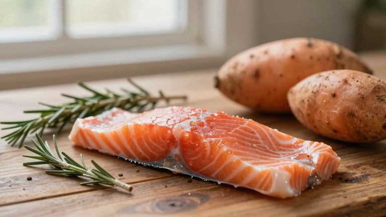 Close-up of raw, high-quality pet food ingredients like fresh salmon, sweet potato, and rosemary sprigs on a rustic wooden table, soft window light, shallow depth of field