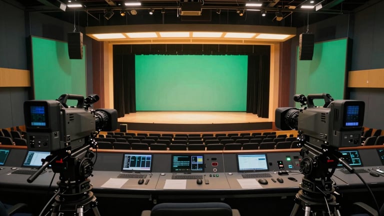 Wide panoramic broadcast control room with rich golden-hour studio lighting and deep obsidian and emerald tones, professional video cameras framing a majestic empty stage, sharp focus, 85mm