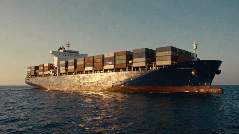 Cinematic wide shot of a massive container ship departing an Indian port at golden hour, deep navy water, metallic gold sky reflection, 35mm film grain