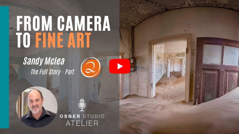Youtube Thumbnail for a video From Camera to Fine Art, with Martin Osners portrait and a ghost room with sand