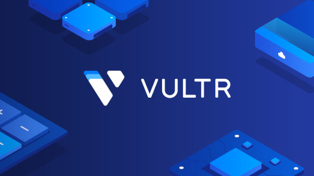 a blue and white vultr logo with a blue background