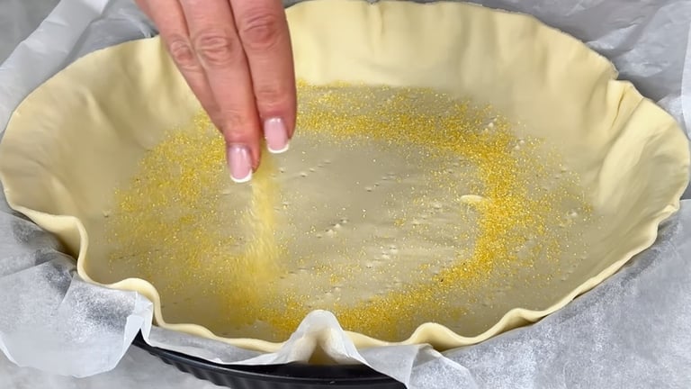 Prick the base with a fork and sprinkle a handful of breadcrumbs