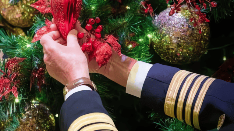Capitão do navio ajudando na decoração de natal no navio.