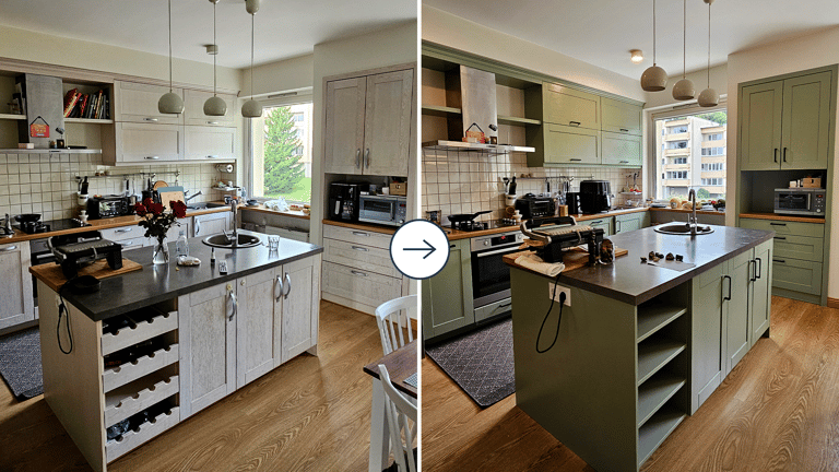 virtuvės spintelių dažymas – prieš ir po atnaujinimo