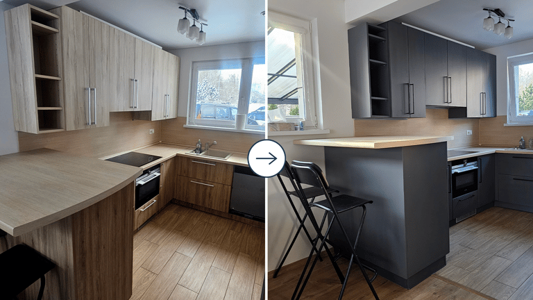 virtuvės spintelių dažymas – prieš ir po atnaujinimo