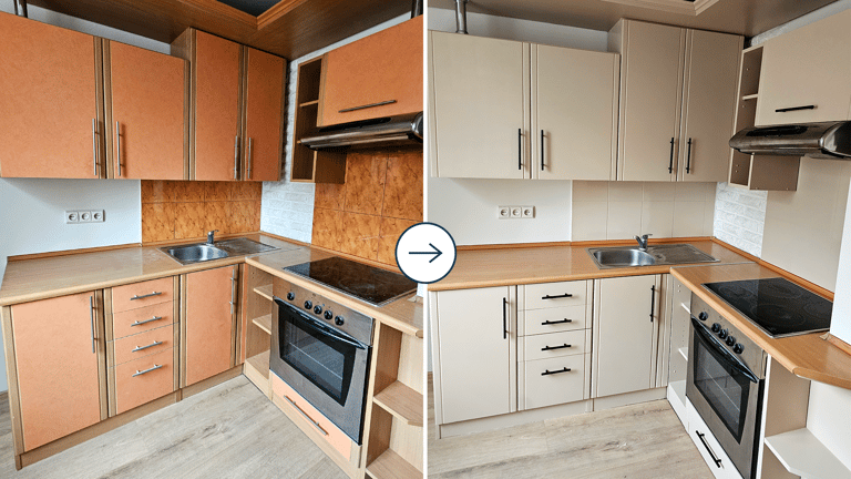 virtuvės spintelių dažymas – prieš ir po atnaujinimo