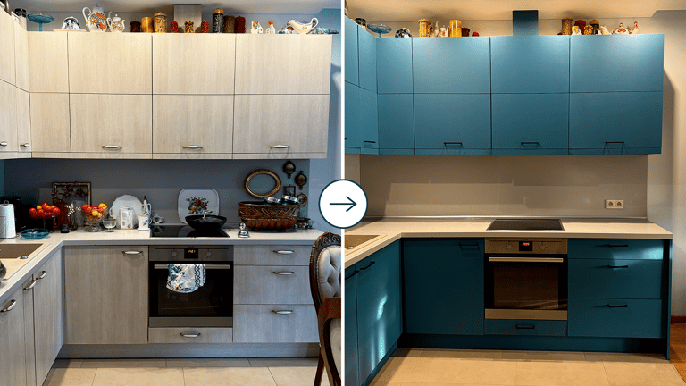 virtuvės spintelių dažymas – prieš ir po atnaujinimo