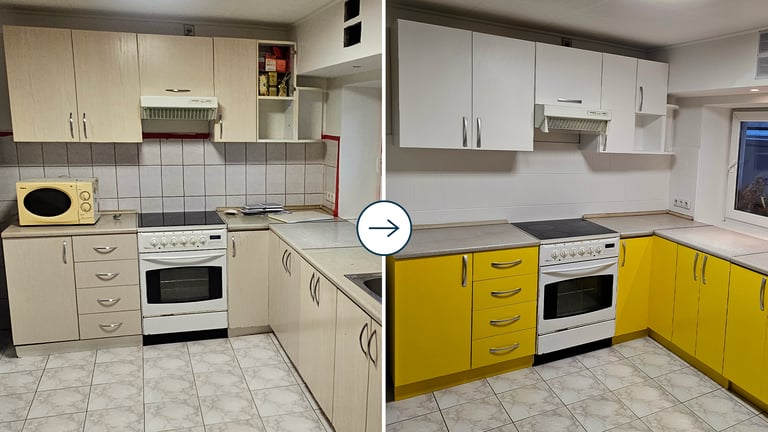 virtuvės spintelių dažymas – prieš ir po atnaujinimo