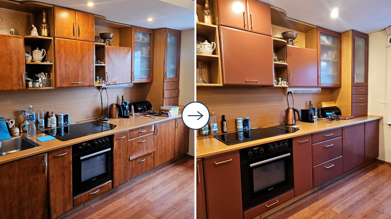 virtuvės spintelių dažymas – prieš ir po atnaujinimo