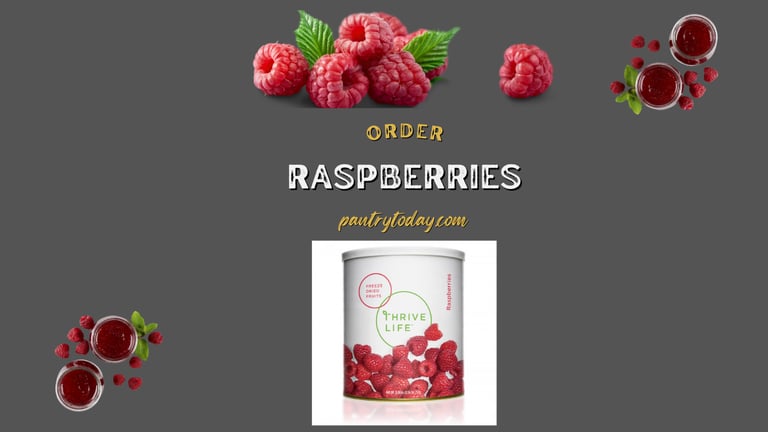 Fresh raspberries arranged with the text "raspberry" prominently featured thrive life freeze dried.
