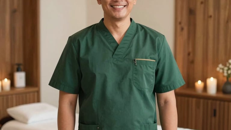 A professional male Southeast Asian / Indonesian therapist in his early 40s, smiling friendly, wearing a dark green organic cotton uniform, standing inside a bright and serene spa treatment room with warm wooden details.