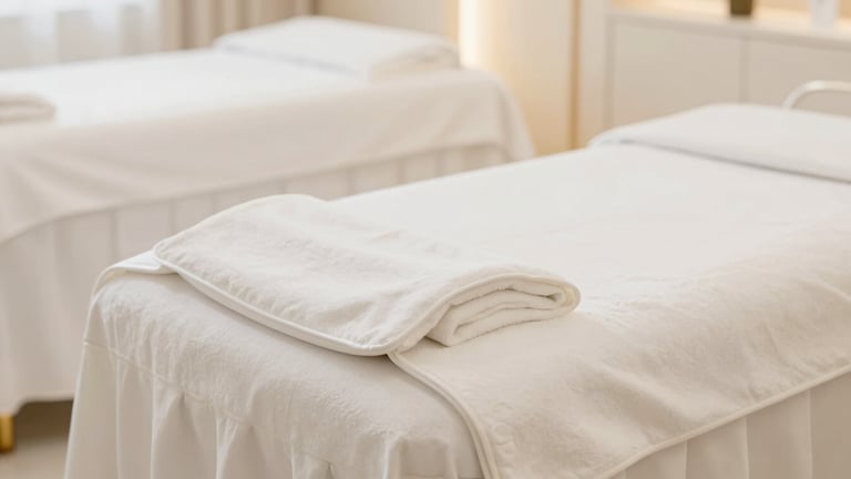 Close-up of a luxurious white treatment room with gold accents, soft warm lighting, minimalist decor, pristine clean surfaces