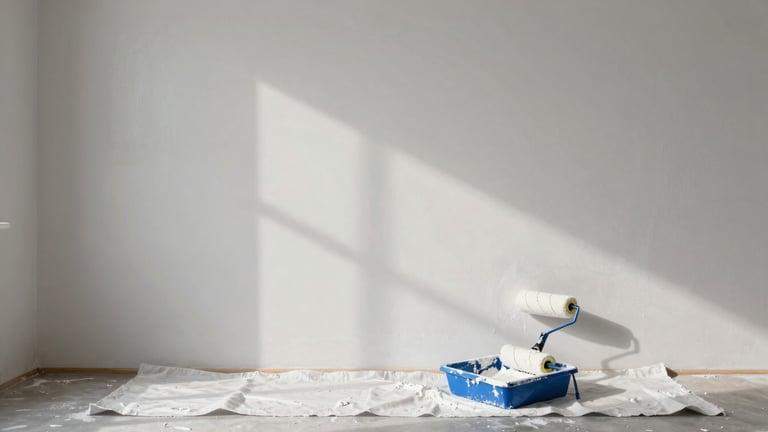 Wide overhead view of a freshly painted interior wall section, roller and tray with white paint on a clean drop cloth, daylight from a window casting soft shadows, no people visible