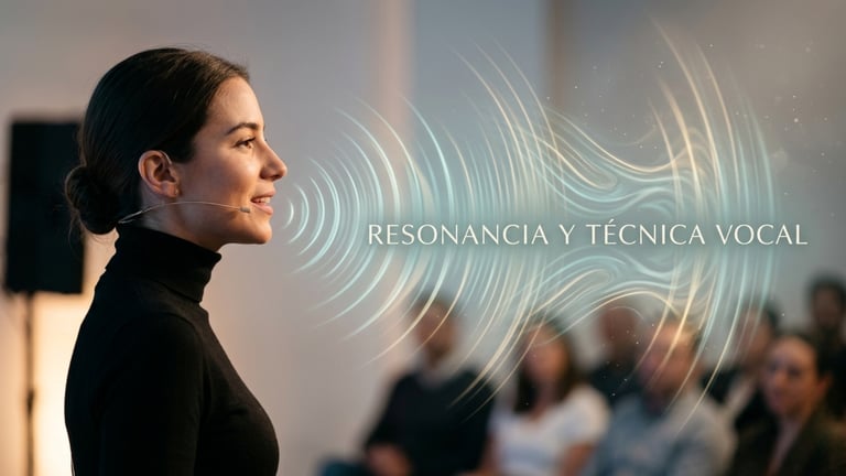 Mujer oradora hablando con micrófono de diadema, ilustrando la técnica vocal y resonancia con ondas 