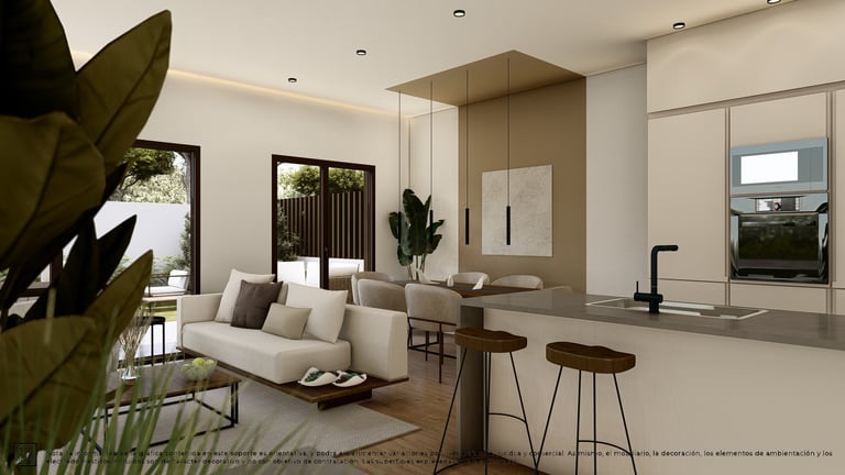 a living room with a couch and a kitchen
