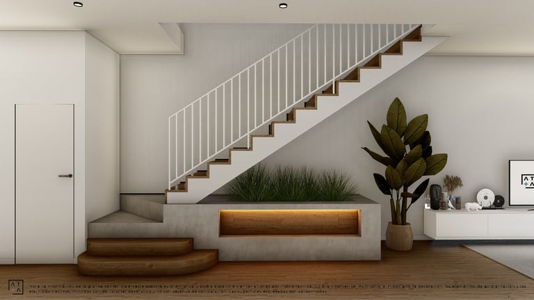 a living room with a staircase and a planter