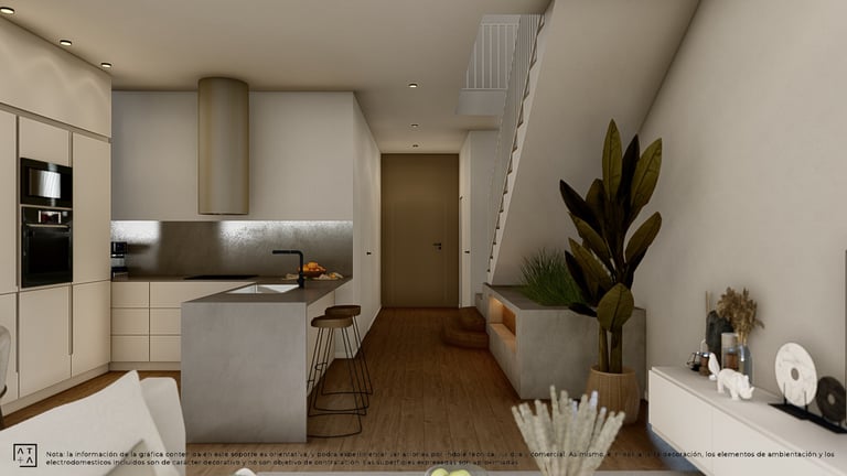 a kitchen with a table and chairs and a potted plant