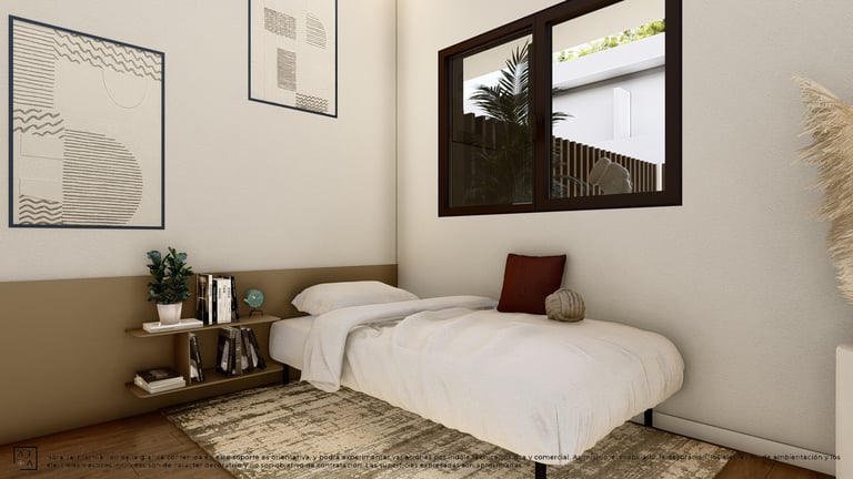 a bedroom with a bed and a mirror