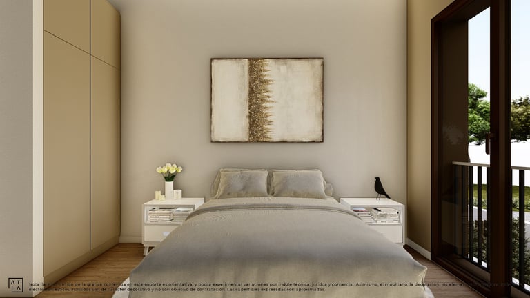 a bedroom with a bed and a painting on the wall