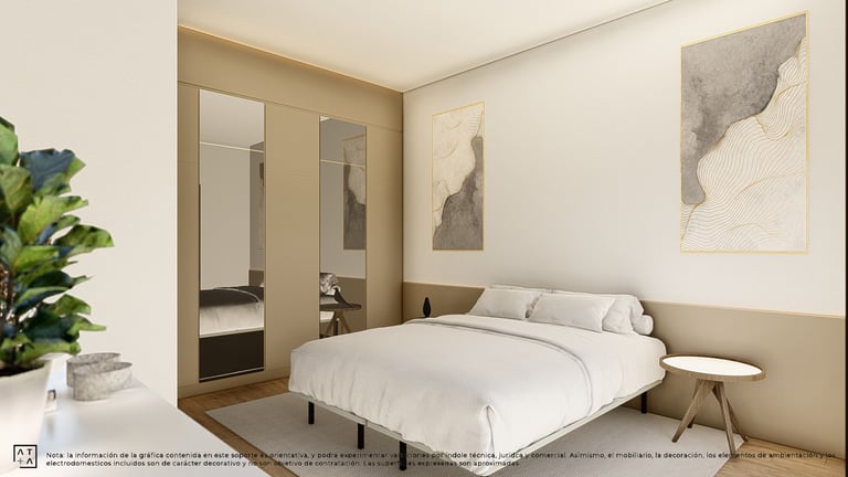 a bedroom with a bed and a plant in the foreground