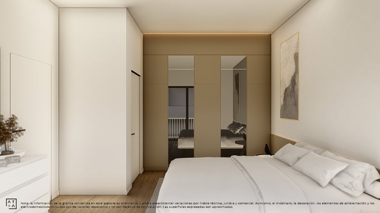 a bedroom with a bed and a mirror