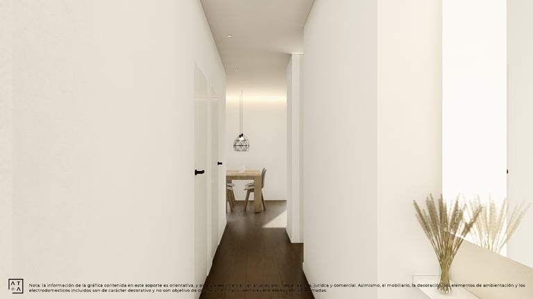 a hallway with a table and chairs and a vase with a vase on it
