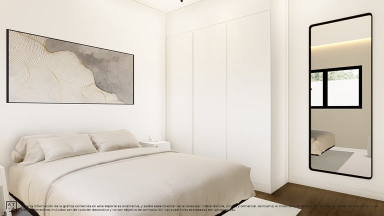 a bedroom with a bed and a mirror