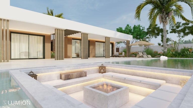 a modern home with a pool and a fire pit