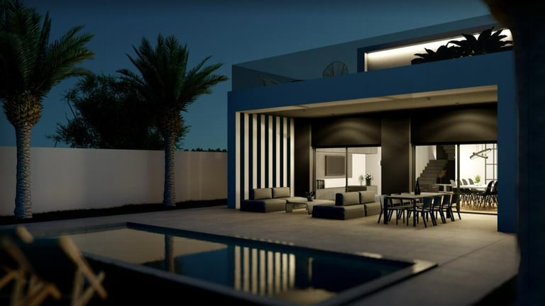 a patio with a pool and a lounge area
