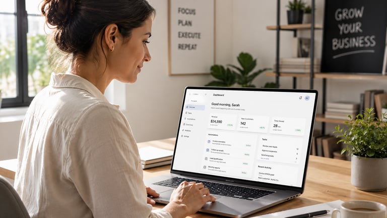 Business owner using a laptop to manage a financial dashboard for data analytics and workflow automation.