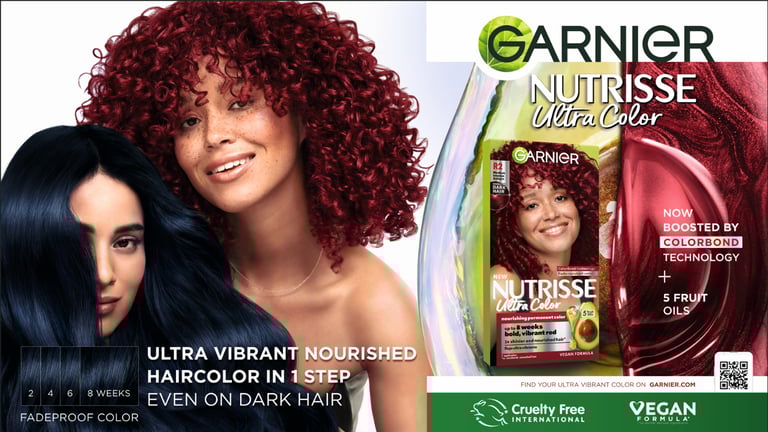 Garnier Nutrisse Ultra Color hair dye advertisement featuring vibrant red and dark blue permanent hair colors.