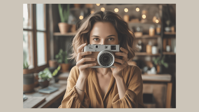 Woman with camera as a symbol of visibility – authentic marketing without pressure, also possible faceless or without a camer
