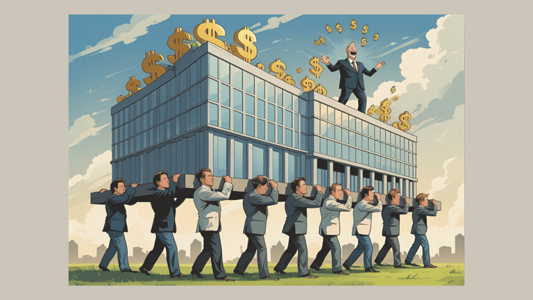 Cartoon: Employees carry a heavy office building with their boss on top, surrounded by dollar signs – symbolizing burnout at 