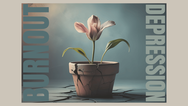 Symbolic image burnout vs. depression: Flower growing in cracked flowerpot, representing emotional exhaustion and hope for he
