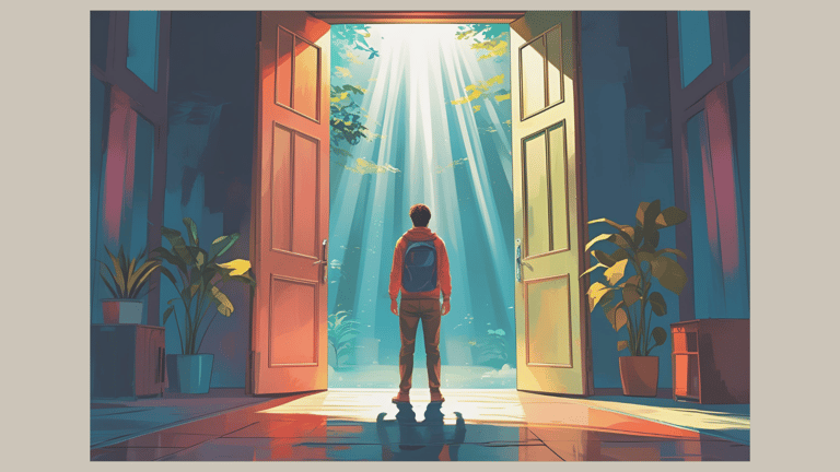 Symbolic image: Person with backpack standing in front of wide-open doors in sunlight – representing the courage to change an