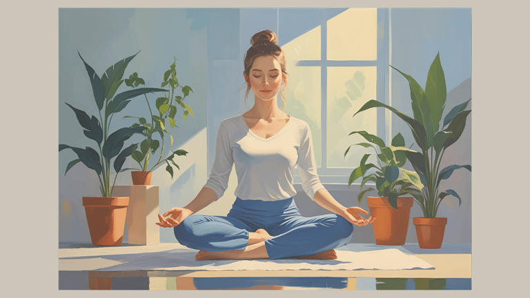 Woman meditates in the sunshine among houseplants – gradually regaining energy through mindfulness and tranquility.