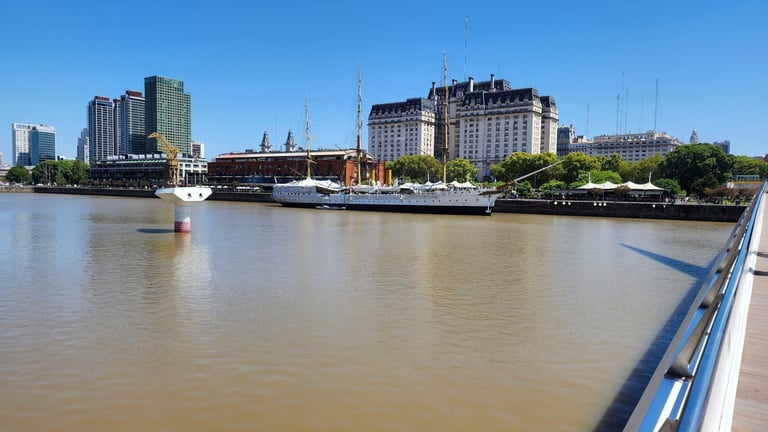 Buque Museo Fragata A.R.A Presidente Sarmiento" from Puente de la Mujer footbridge in Buenos Aires