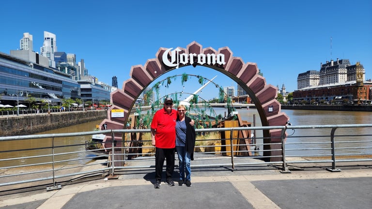 Pirate and Lady at a floating bar on the Rio Dique in Buenos Aires, Argentina