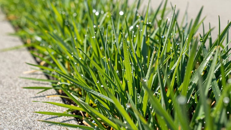Extreme close-up of perfectly cut grass blades showing crisp, clean edges along a sidewalk, dew drops visible on the grass, bright morning sunlight.