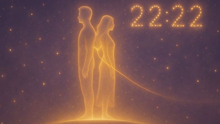 Deux âmes lumineuses reliées par un fil doré au niveau du cœur, symbole de la connexion télépathique