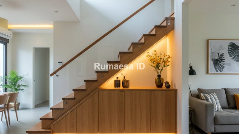 lemari bawah tangga minimalis kombinasi putih dan kayu natural