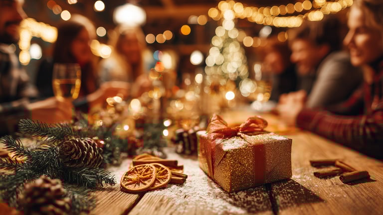 festin du sabbat de Yule entre amies, cadeaux, symboles de noël