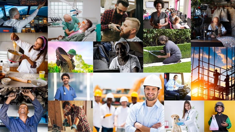 Colagem de imagens simbolizando múltiplas áreas técnicas e especializadas