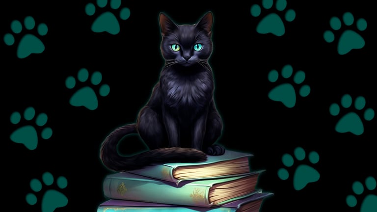 Mystical Bookish Cat - Green Paws Background