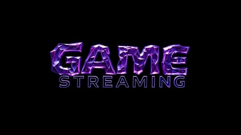"Text 'GAME STREAMING' on a black background: 'GAME' with a purple-blue crystal effect, and 'STREAMI