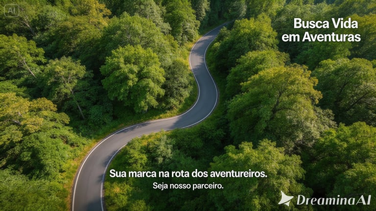 Aerial view of a winding asphalt road through a lush green forest for adventure travel.