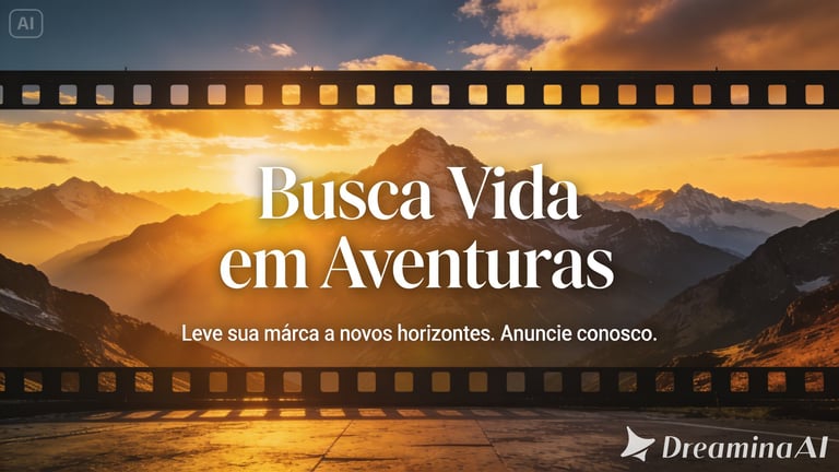 Cinematic mountain sunrise with Portuguese adventure text framed by a vintage film strip border.