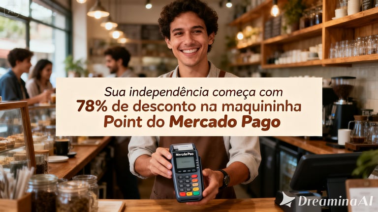 Smiling cafe owner holding a Mercado Pago Point card machine with 78% discount offer text.