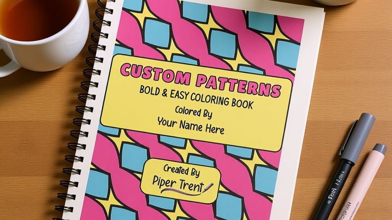 Custom patterns coloring book with bold geometric design, personalized by Piper Trent, on a table with a cup of tea and pens.