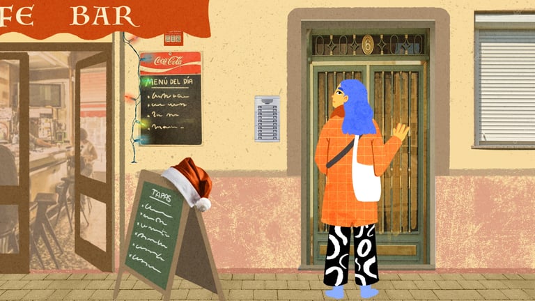 a blue haired girl knocks on a house door next to a tapas bar